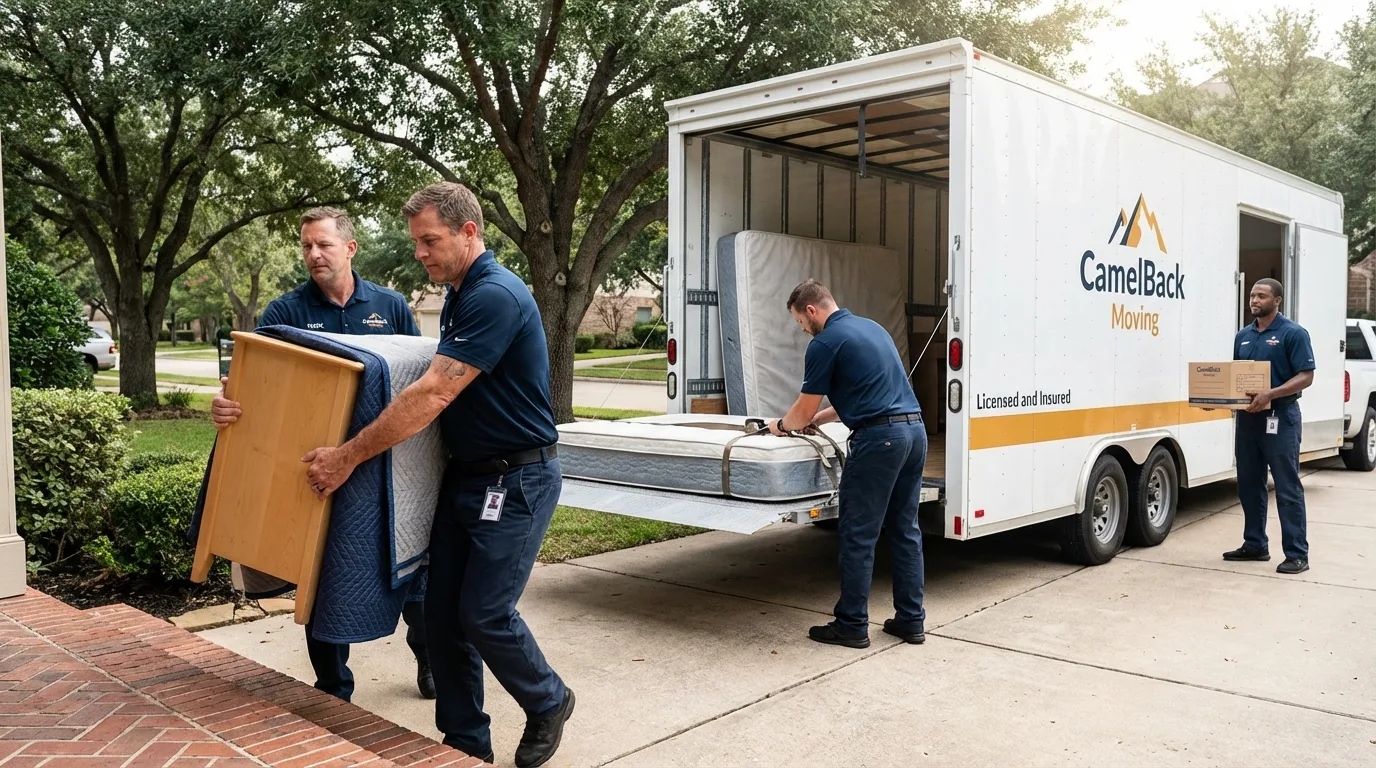 Crew loading residential truck for cross-state move from Canton, MA